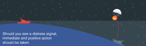a flare being launched by a ship, with the curvature of the earth in consideration. Should you see a distress signal, immediate and positive action should be taken. 