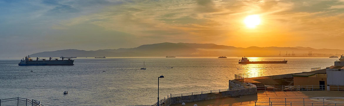 several tankers and recreational boats share a bay at sunset