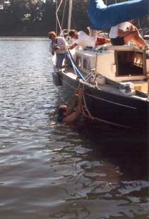 A ladder test from the port side of a 30 foot sailboat.