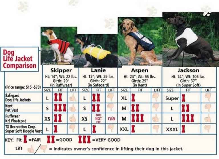 A chart compares different dog life jackets