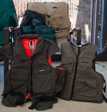 Fishing vests from top to bottom, left to right: West Marine Fish Classic, Stromy Seas Expedition, Baltic Fisherman, Stearns Sport Vest 
