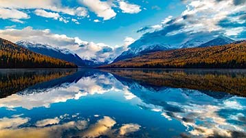 a beautiful park with trees, a lake, and mountains